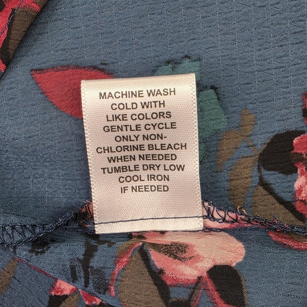 Elle Blouse Womens XL Blue Floral Bell Sleeve Pullover Top Pink Teal Rose Print - Picture 12 of 12